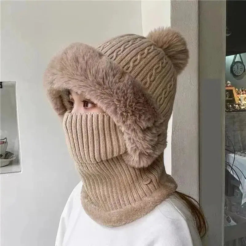 Anime-Inspired Winter Ear Protection Beanie Hat Scarf Combo - Khaki-1