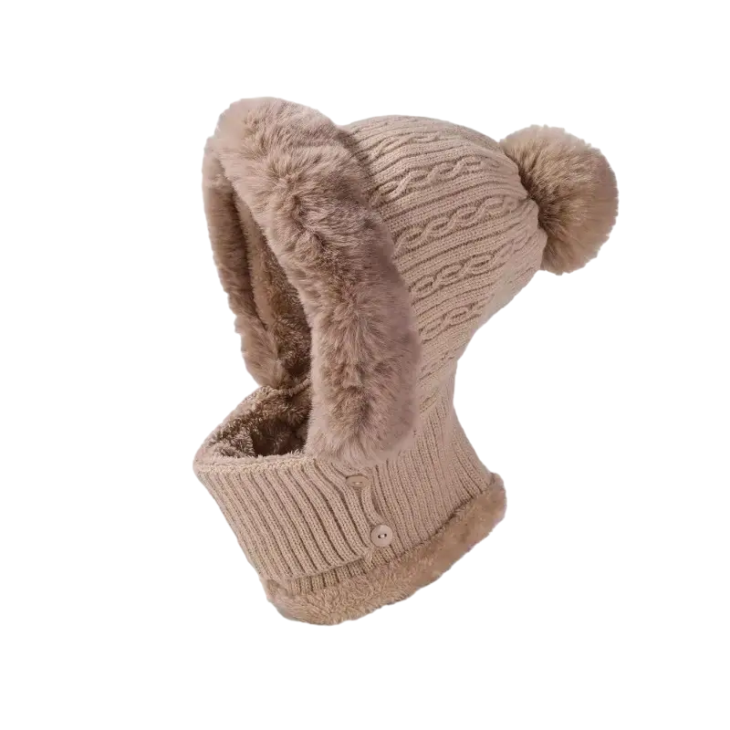 Anime-Inspired Winter Ear Protection Beanie Hat Scarf Combo - Khaki-0