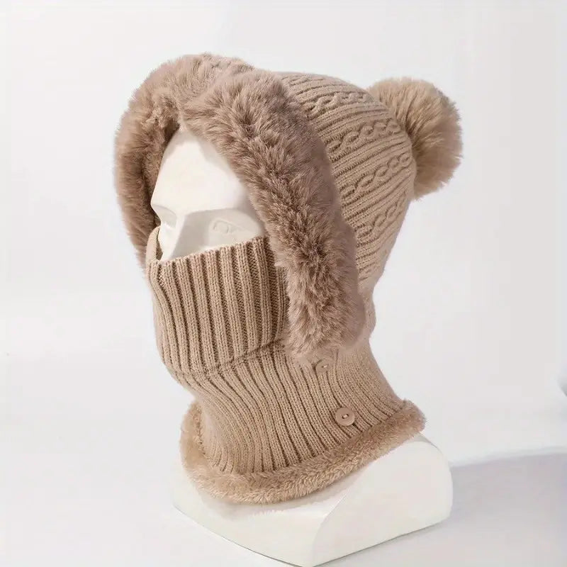 Anime-Inspired Winter Ear Protection Beanie Hat Scarf Combo - Khaki-4