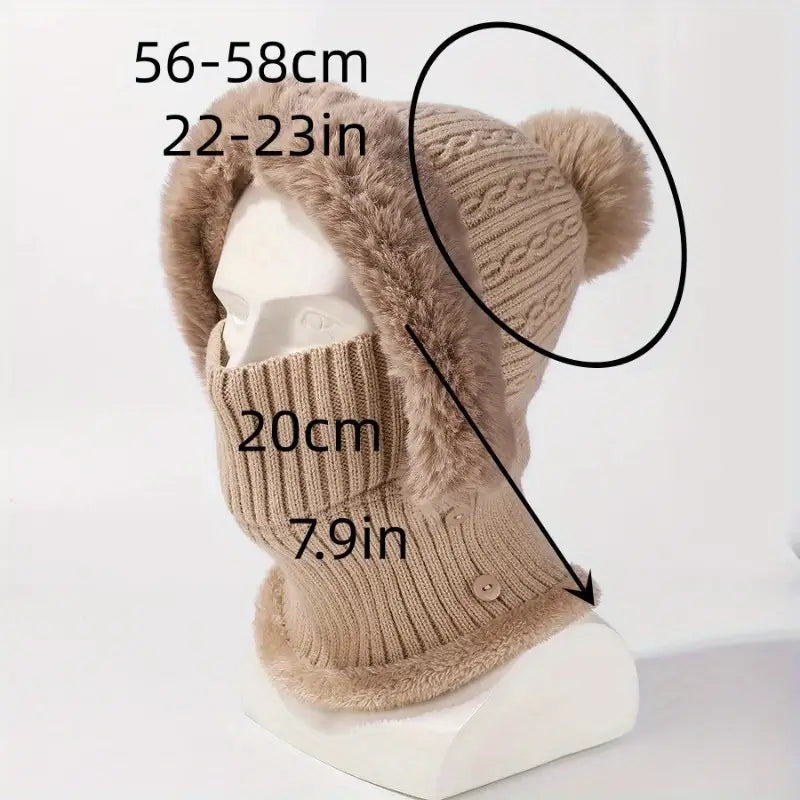 Anime-Inspired Winter Ear Protection Beanie Hat Scarf Combo - Khaki-2