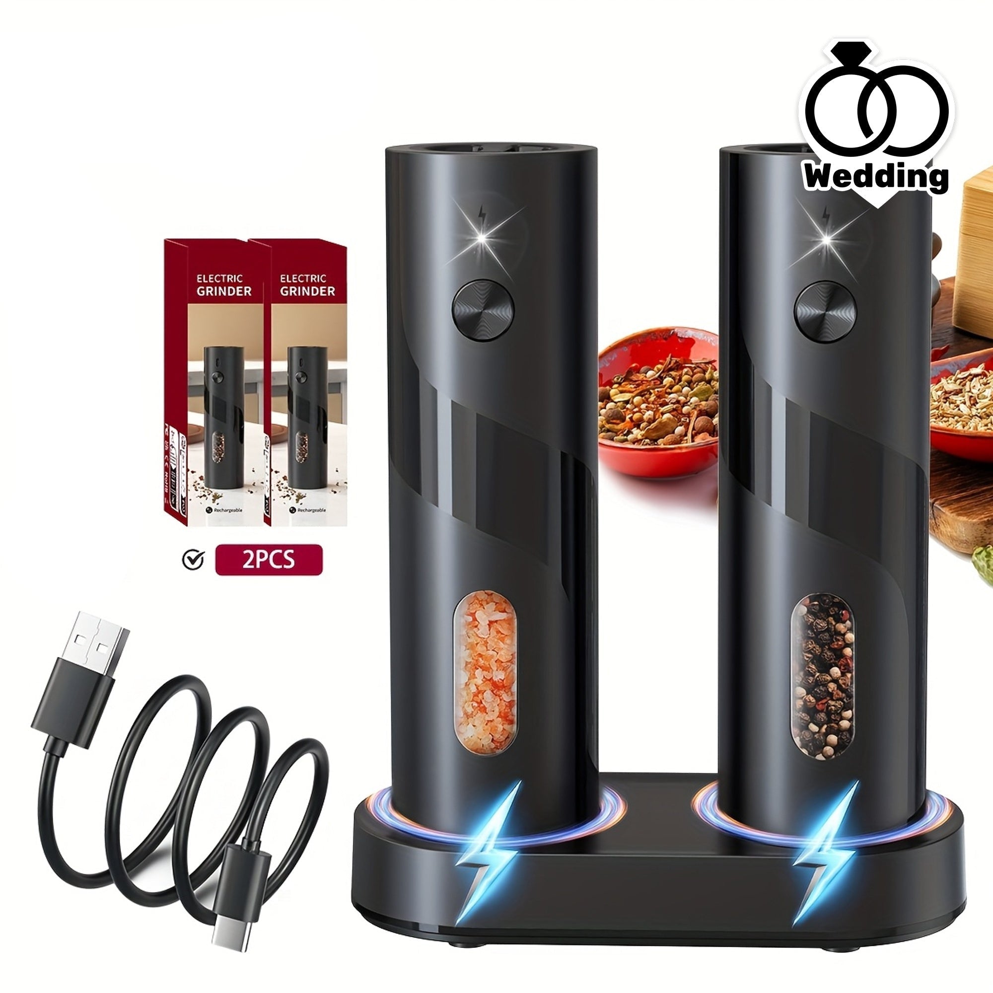 Electric Salt & Pepper Grinder Set with Charging Base (2 pcs)-1